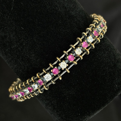 ARRAUS Ottoman 925 Silver Bronze 7.5'' Wheat Tennis Bracelet 3.3mm Pink Ruby + CZ