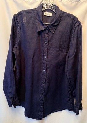 Gap Size Large Boyfriend Fit 100% Linen Shirt Navy Blue Long Sleeve Button Down
