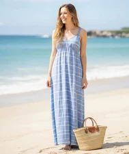 J Crew Size S Linen Maxi Dress Blue Striped Classic Resort Wear Beachy Coastal