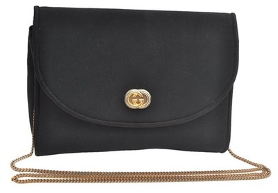 Authentic GUCCI Interlocking G Chain Shoulder Bag Nylon Leather Black AC074