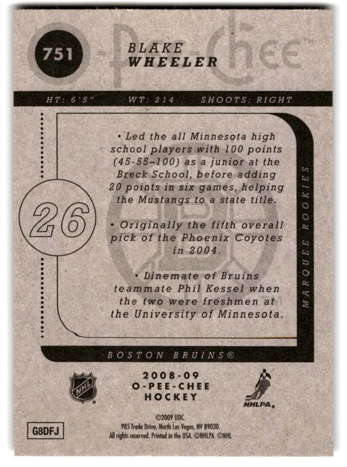 2008-09 O-Pee-Chee Blake Wheeler Rookie #751 Boston Bruins - Image 2 of 2