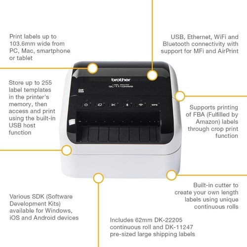 BROTHER QL-1110NWB PROFESSIONAL FAST AUTO CUTTER DIRECT THERMAL LABEL PRINTER - Afbeelding 5 van 9