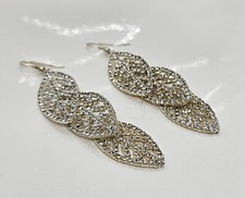 Vintage Clear Rhinestone Long Leaf Pierced Earring Multi Stone Design 3"