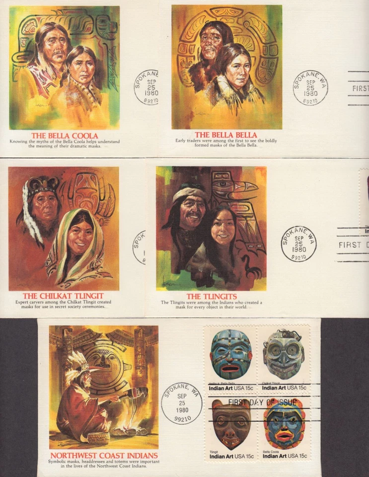 1980 INDIAN MASKS Sc 1834 to 1837 1837a native american FDCs Fleetwood set of 5 - Image 2 of 3