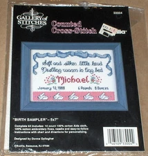 Bucilla Bunnies & Ribbon Baby "Birth Sampler" Cross Stitch Kit NIP 5x7"