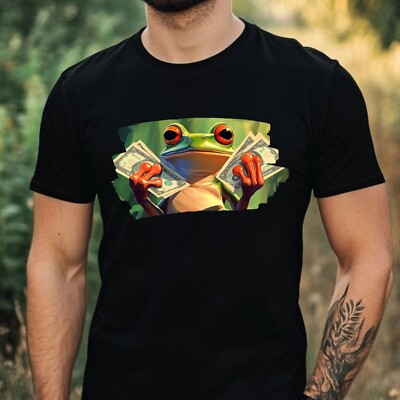 Mens Funny Frog With Money Motif Cotton T-Shirt Size XS to 5XL