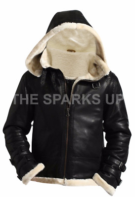 Mens B3 RAF Aviator Pilot Bomber Full Fur Removable Hood Genuine Leather Jacket