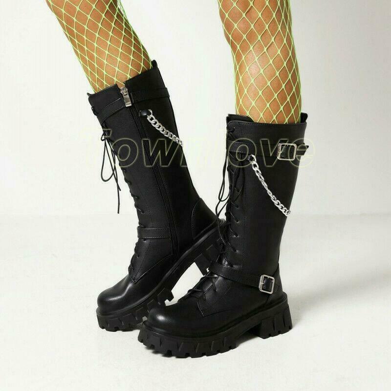 Womens Purple Mid Calf Boots Platform Buckle Lace Up Gothic