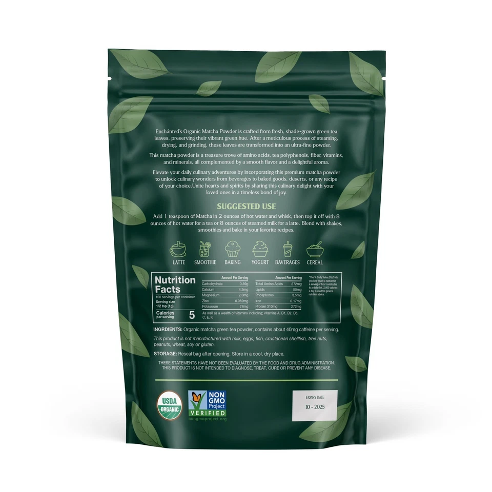 抹茶绿茶粉 – 有机优质拿铁级 100 克 (3.5 盎司) Enchánted 茶 — 第 2/4 张图片