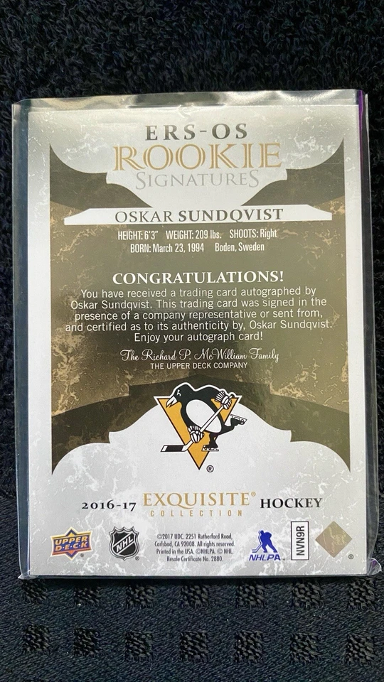 2016-17 Upper Deck Ice - Exquisite Rookie Signatures Oskar Sundqvist /225 - Image 2 of 2