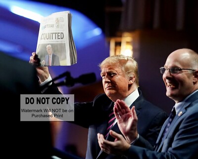President Trump Holding Up Newspaper ''Acquitted'' -  MAGA - 8X10 PHOTO (#1043)