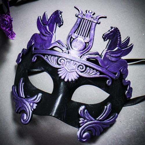 Venetian Couple Party Men Emperor & Women Side Peacock Feather Purple Face Mask - Picture 2 of 3