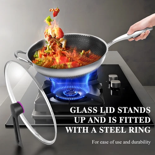 13-INCH LARGE WOK STAINLESS STEEL NONSTICK FRYING PAN W/ LID BRUSH FOR INDUCTION - Picture 9 of 13