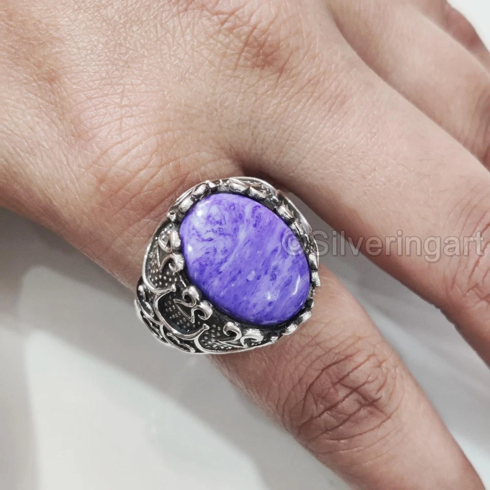 NATURAL CHAROITE GEMSTONE 925 STERLING SILVER ARABIC STYLE MENS HEAVY RING — 第 3/4 张图片
