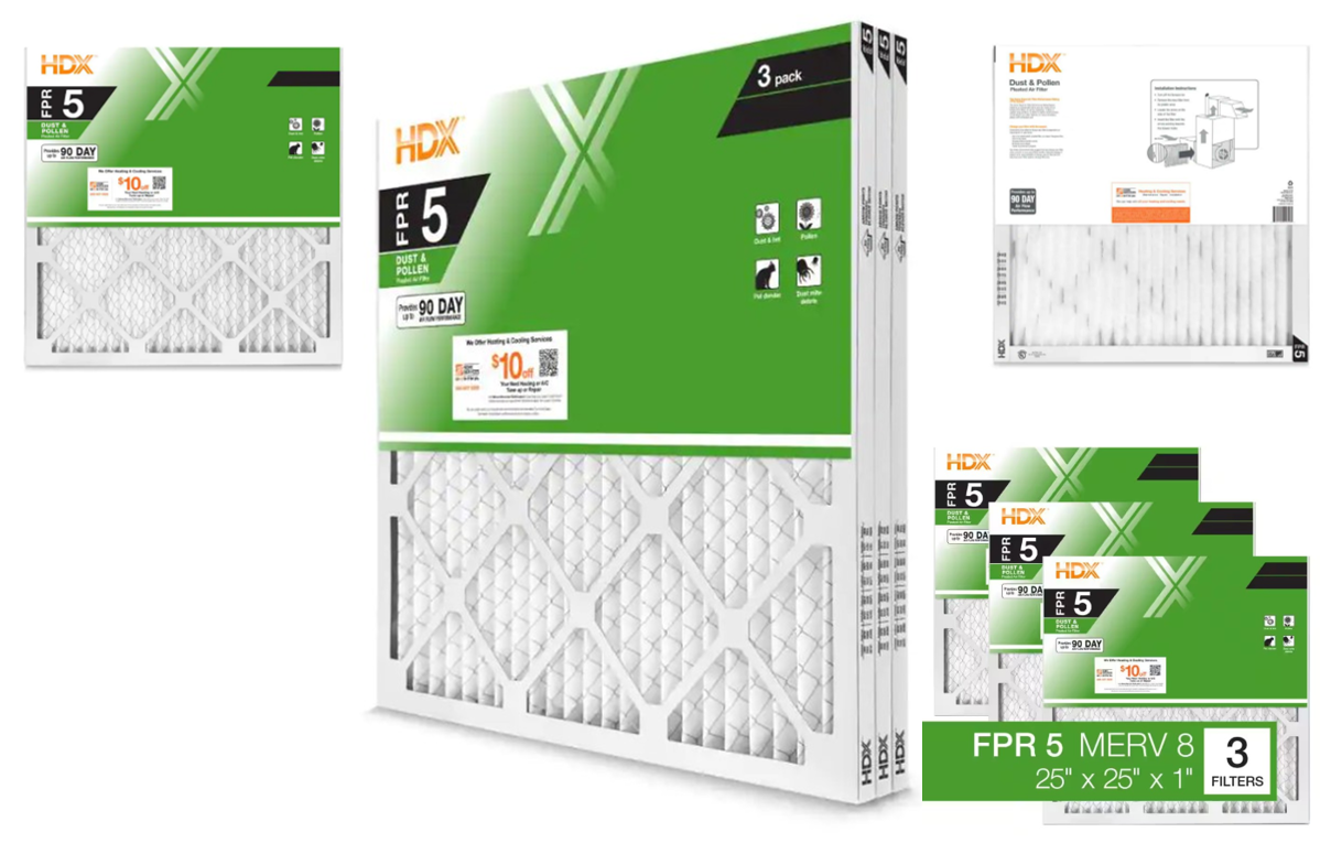 3Pack Standard Pleated Air Filter 25x25x1, Air Filters Replacement FPR