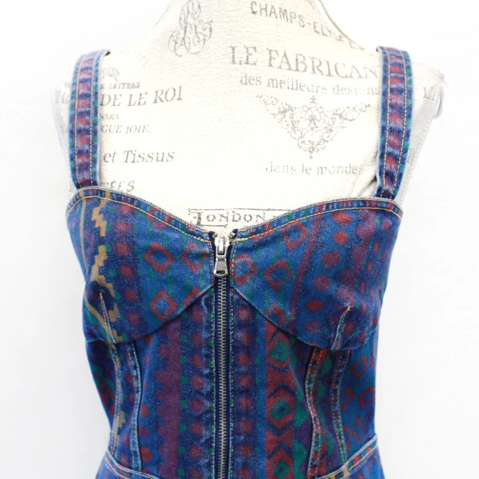 Vestido Corsé Vaquero Vintage Marc By Marc Jacobs Estampado Tribal Y2K Bodycon Pequeño Foto 3 de 4