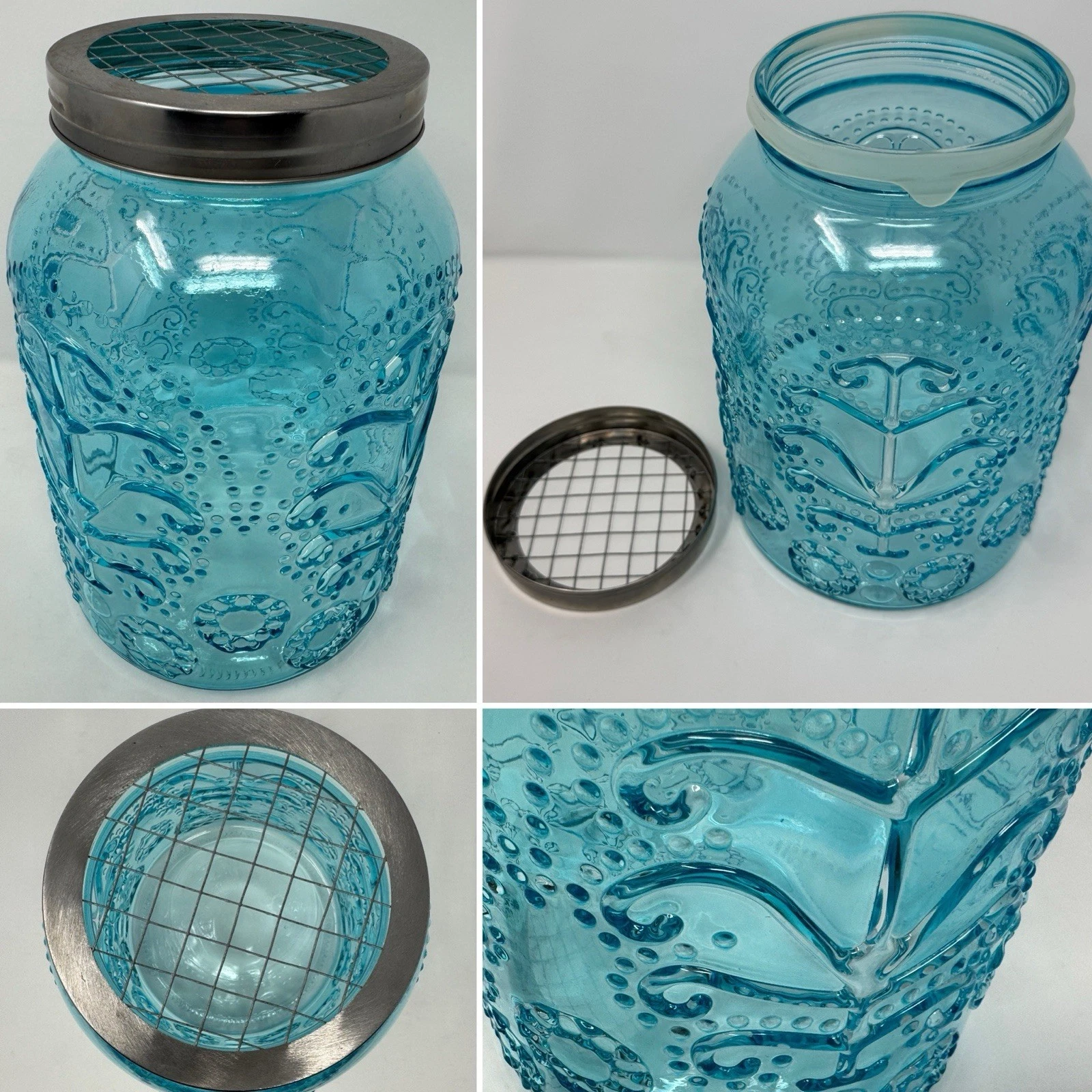 VTG TEAL BLUE GLASS Hobnail DOT Jar Canister FLOWER FROG LID Vase 10.5" Embossed