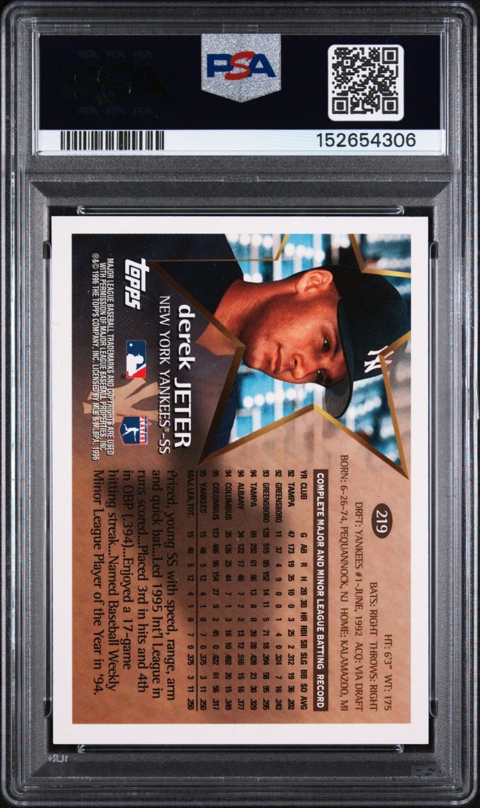 1996 Topps - Derek Jeter #219 PSA 10 Gem Mint Yankees HOF view 2