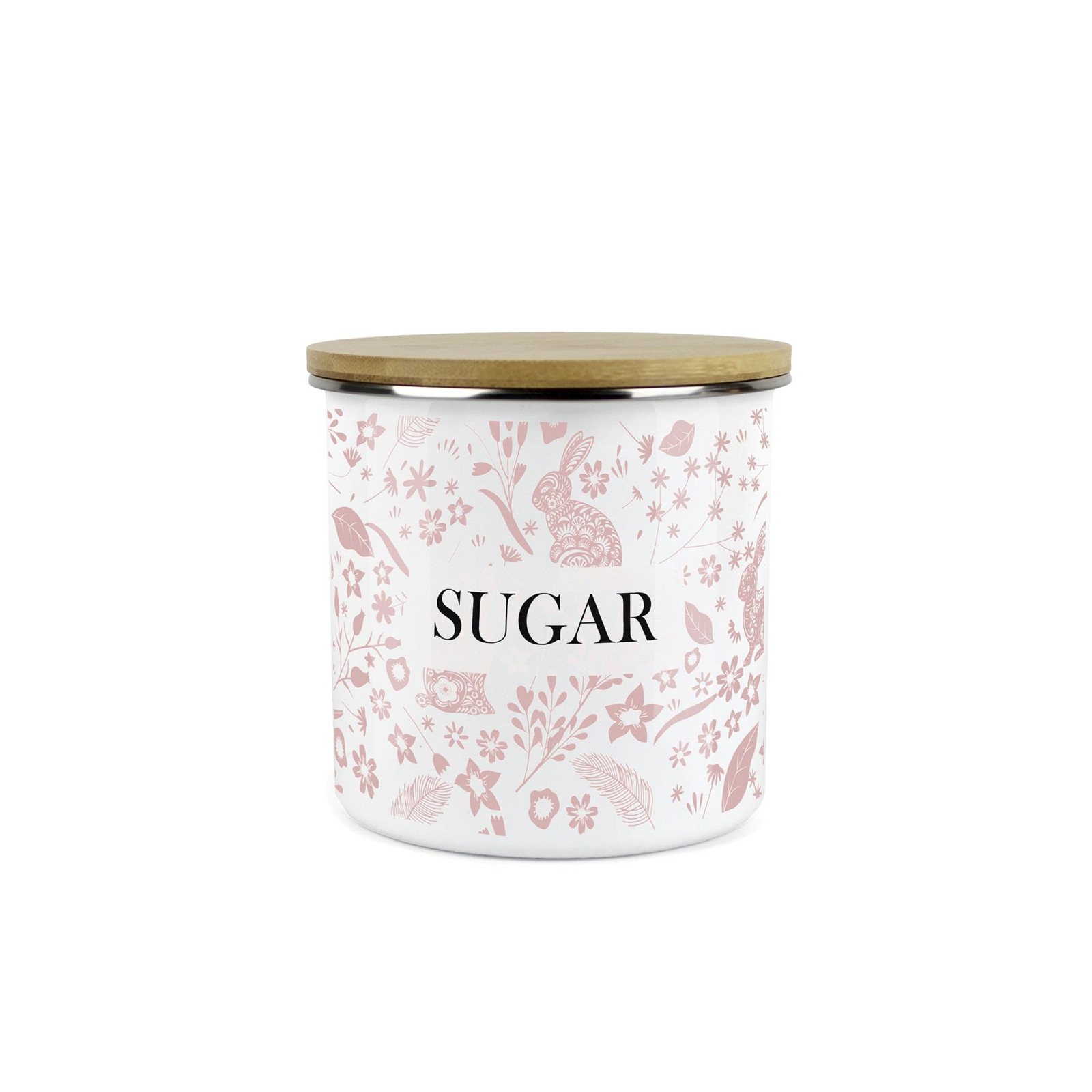 Pink Rabbits Sugar Canister - Floral Enamel Kitchen Storage Jar Gift