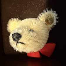Steiff Teddy Bear Head Brooch Pin White Faux Fur Red Bow Signed Germany