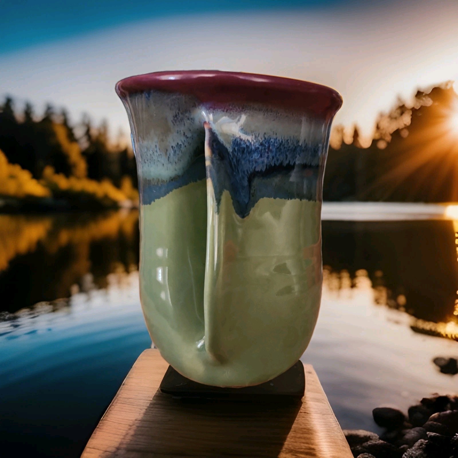 NEHER ART POTTERY RIGHT HAND WARMER MUG BLUE GREEN PURPLE 2016 SIGNED USA