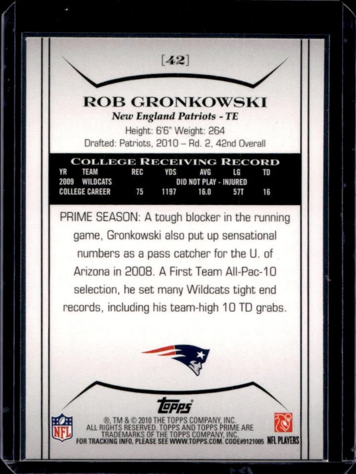 2010 Topps Prime Rob Gronkowski RC Retail Rookie #42 Patriots - Image 2 of 2