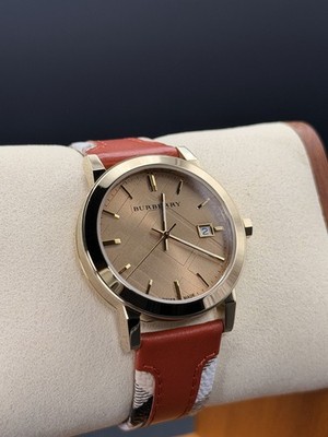 NEW BURBERRY 'THE CITY ' BU9016 GOLD/CHAMPAGNE/ORANGE LEATHER UNISEX WATCH
