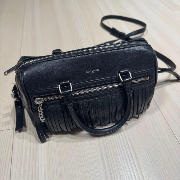 SAINT LAURENT PARIS Leather Fringe Shoulder Bag Black 2way