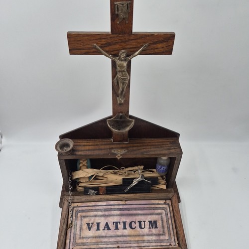 Antique Catholic Last Rites Sick Call Wood Box Crucifix Last Supper Religious   