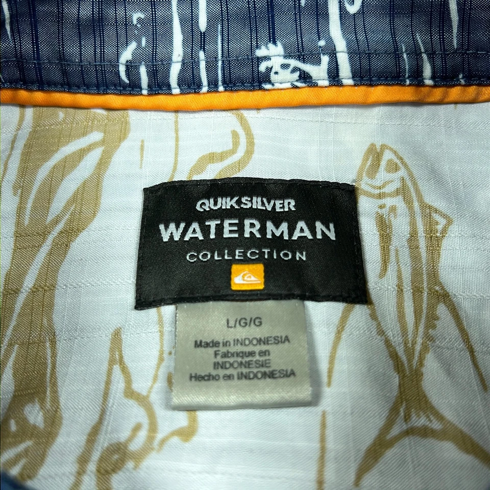 Camisa Quiksilver Waterman Para Hombres Grande Azul Hawaiano Aloha Palm Boats Estampado Campamento Foto 4 de 4