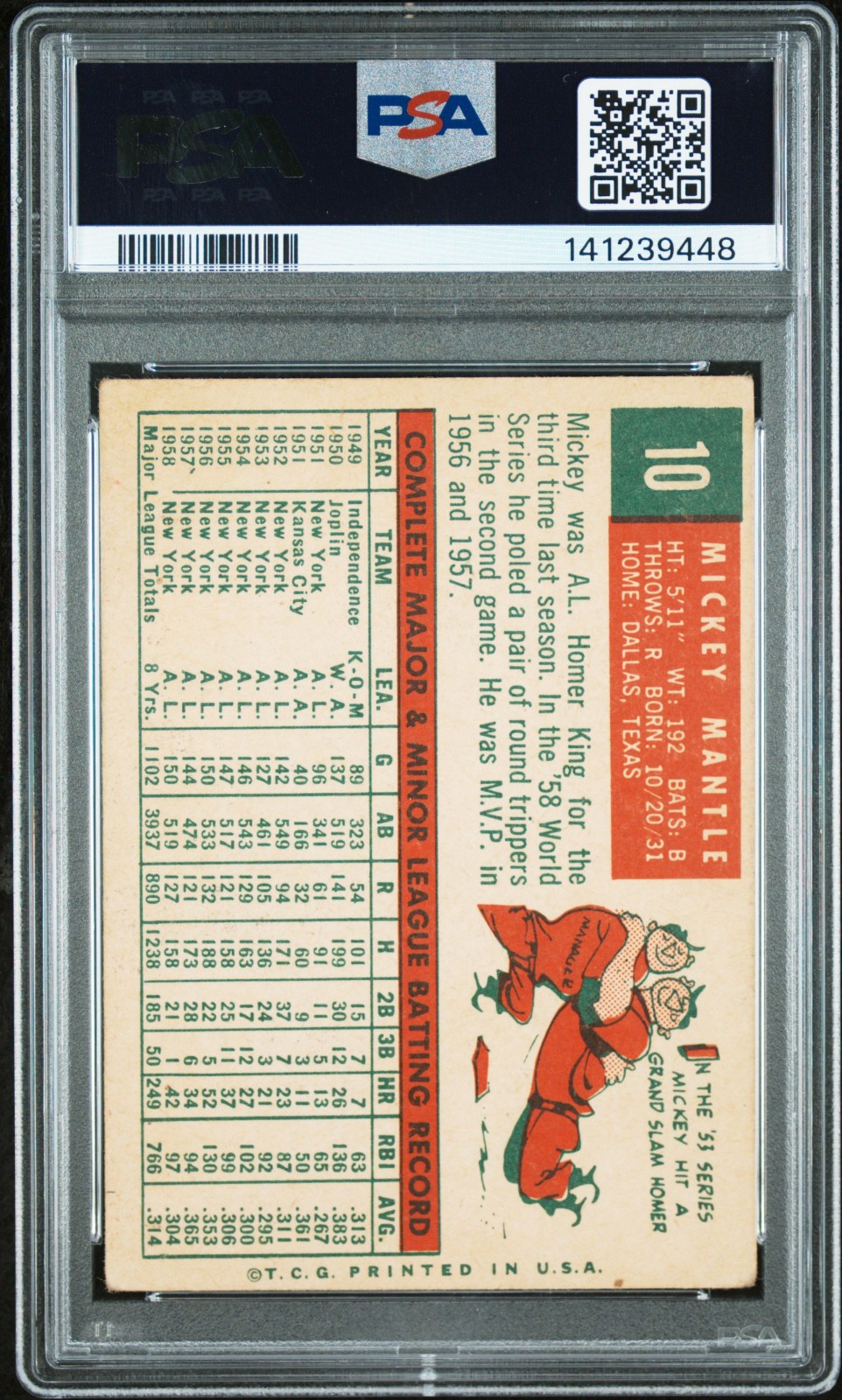 1959 Topps Mickey Mantle 10 PSA GOOD 2 view 2