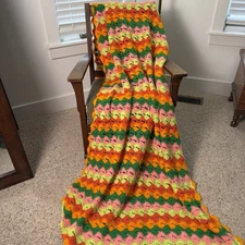 Vtg Handmade Multi Color Striped Scallop Crochet Afghan Throw Blanket 86"x45"