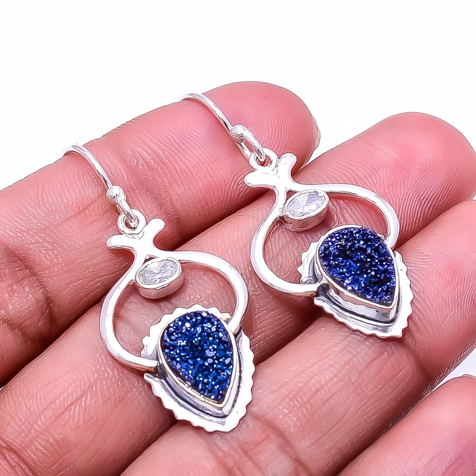 Electric Blue Titanium Agate Drusy 925 Sterling Silver Earring 1.72" E_9437_2348 - Image 4 of 4