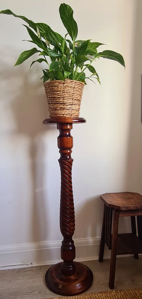 Zócalo envejecido tallado retorcido con soporte para maceta de madera giratorio raro Foto 2 de 4
