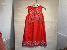 anthropologie shift dress sz 4 red  embroidered lined  linen blend festival mod