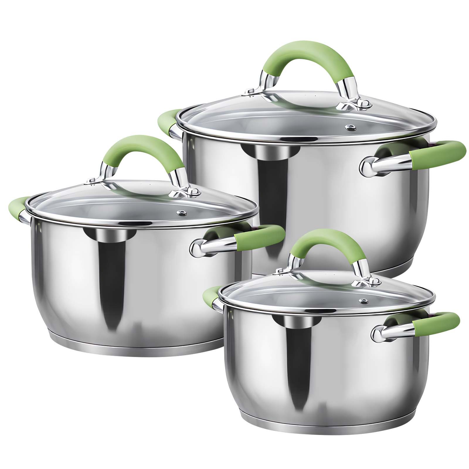 Marmites inox 16-18-20cm avec couvercles en verre trempé et poignées isolantes
