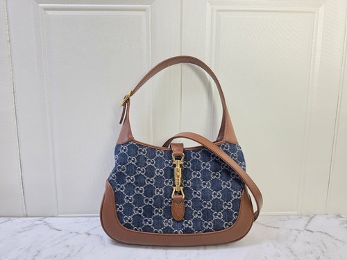 Authentic Gucci Jackie 1961 Small GG Denim Leather Trim Shoulder Bag