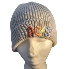 AC DC Rainbow Embroidered Beanie Hat Gray Band Merch Knit Skully Cap