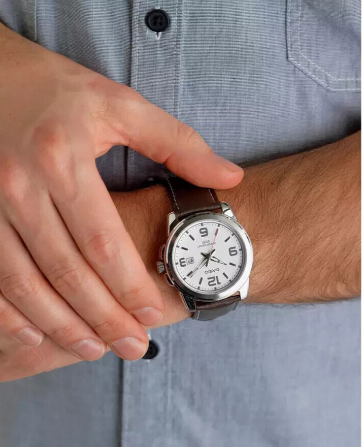 Casio Men's Leather Strap Watch MTP1314L7AVER, White Dial, Date