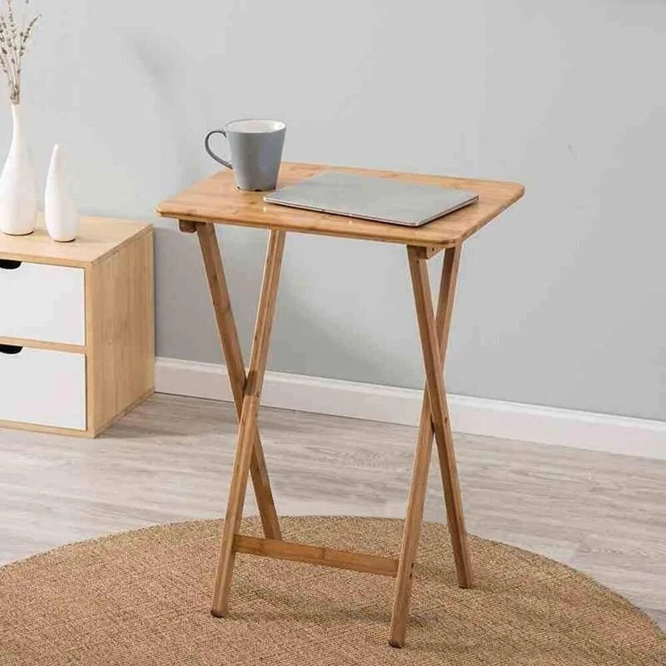 25'' Folding Bamboo Bedside Table Foldable Cafe Table Work Serving Reading Desk