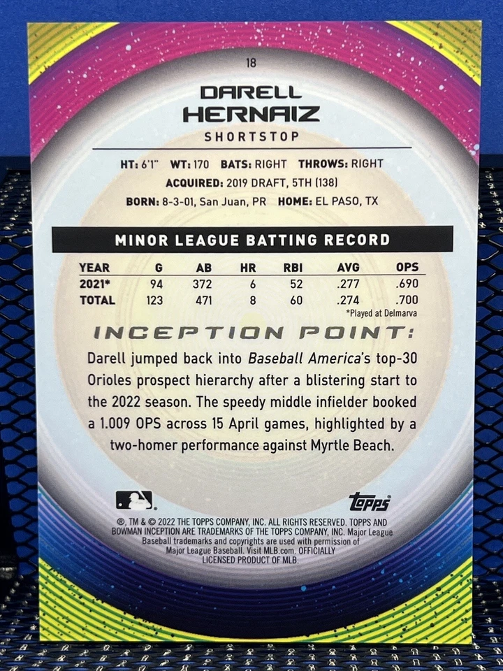 2022 Bowman Inception DARELL HERNAIZ Baltimore Orioles Base 18 Initation - Image 2 of 2