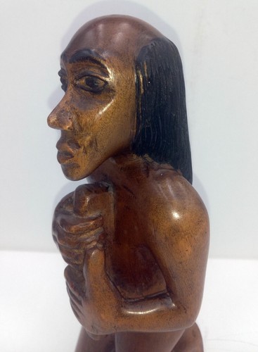 Hand-Carved Wood Sculpture Kneeling Bald Man Vintage Ethnic Figurine OOAK Unique - Picture 7 of 16