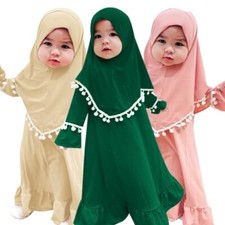 Children Girls Hijab Gown 2PCS Muslim Arab Headscarf Abaya Kaftan Prayer Dress