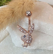 1pc Rose Gold Plated CZ Gem Paved Playboy Bunny Belly Ring Navel Naval Licensed
