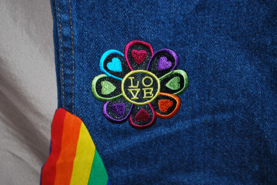 Pantalones de mezclilla Groovy años 60 Hippy Peace Love arco iris años 60 Halloween jóvenes talla 14 regular Foto 4 de 4