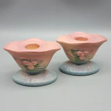 Pair of Hull 1940's Wildflower Trillium Taper Candle Holders Matte Pink to Blue