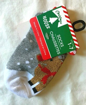 Christmas House 1 Pair of Gray Reindeer Christmas Socks Size 1-7 -  AAA