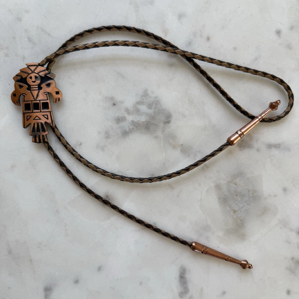 Corbata vintage de cobre sureste Thunderbird Bolo cuero trenzado azteca suroeste Foto 3 de 4