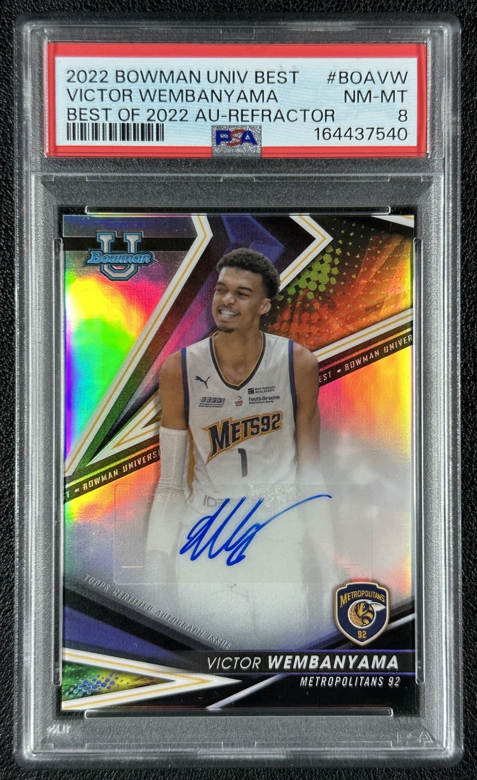 VICTOR WEMBANYAMA PSA 8 2022 BOWMAN UNIVERSITY U BEST OF 2022 AUTO REFRACTOR RC