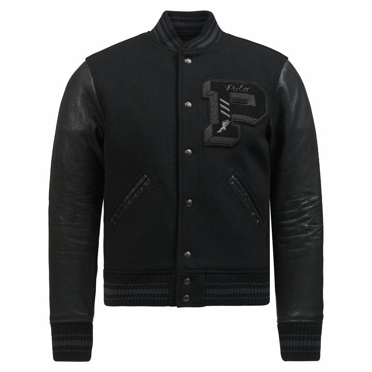 POLO RALPH LAUREN Black Iconic P Patch Wool Blend & Leather Letterman Jacket Xxl